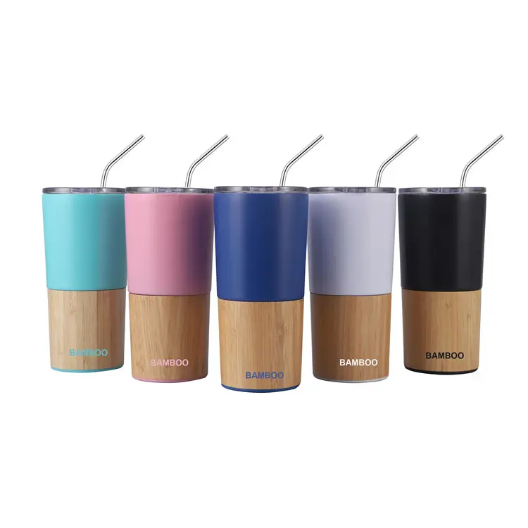 New 20Oz Stainless Steel Eco Friendly Bamboo Double Walled Vacuum Insulation Travel Car Mug Coffee Mug With Straws