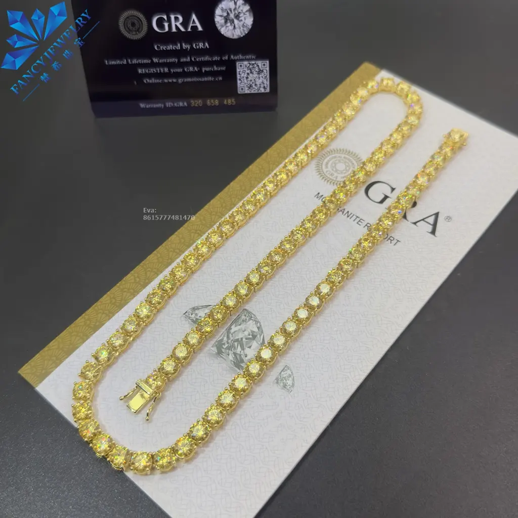 Factory Direct Sale GRA Dark Yellow Gold Moissanite Tennis Chain 925 Silver White Gold 5mm 6.5mm Tennis Necklace for Women