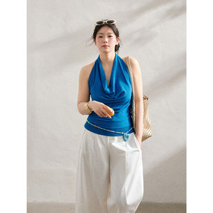 Ensemble pantalon long et moulant décontracté blanc uni avec haut court sans manches à col halter, nouvelle collection 2026, grande taille pour femme Zhang Da Ren - Product Image 3