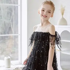 Ropa para niños niñas verano lentejuelas borla plisado negro princesa vestido niña vestido verano niños ropa niñas vestido