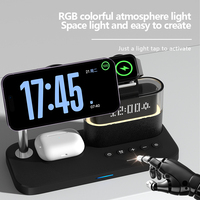 2024 5 In 1 Draadloze Oplader Stand Lamp Wekker Voor Iphone 15 Pro Max Airpods Pro Snel Opladen Dock Station