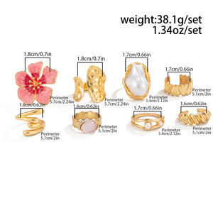 European American Fashion <b>Gold</b> Plated Twisted Big Pearl <b>Rings</b> Big Pink Flower <b>Ring</b> <b>Set</b> for Women Girls Gifts - Product Image 5