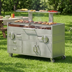 Parrilla Argentina de Acero Inoxidable SS304 con Gran Área de Cocción, Doble Elevación, para Exteriores, con Leña, Fuego Abierto, Tipo Santa María, con Gabinete - Product Image 1