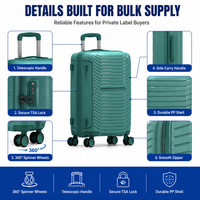 Valise cabine 18 pouces à coque rigide en PP, bleu sarcelle, avec logo personnalisé, coque striée, assortiment en stock