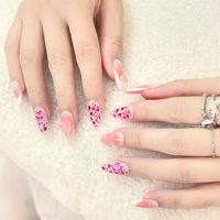 Set Kuku Palsu Akrilik Almond Sheer dengan Gradasi Pink Putih, Glitter Merah Muda, Desain 3D Pita, 10 Pcs, Supplier SPA