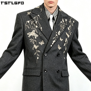 Cut And <b>Sew</b> Floral Embroidery Suit <b>Set</b> Gray Double Breasted Blazer Men'S Outerwear <b>Sets</b> Clothing Manufacturers Bulk - Product Image 2