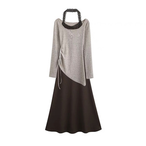 Ensemble deux pièces pour femme : Robe en maille à col licou avec bordure en dentelle et haut à manches longues asymétrique, coupe ample et respirante, idéal printemps-automne - Product Image 5