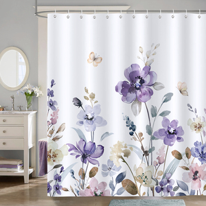 Tenda da Doccia con Stampa Digitale Acquerello Fiori <span class=keywords><strong>Lilla</strong></span> Viola, Tenda da Bagno in Poliestere Durevole ed Ecologica 72X72 72X78 72X84 Pollici - Product Image 1