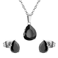 Parure de bijoux de mariage pour femme : Collier et boucles d'oreilles en acier inoxydable avec diamant rond à six griffes et zircone cubique AAA, pierres de naissance