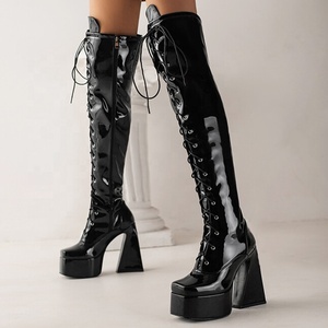Wide Fit US Size 13 Front Lace up Women High Chunky Heel Long <b>Boots</b> Big Leg Size 47 Over-knee Patent Platform <b>Boots</b> Shoes - Product Image 2