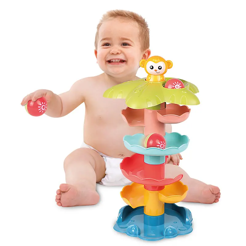 Jouet en plastique coloré de dessin animé mignon de singe tournant la tour rotative jouets jeu éducatif piste empilée boule roulante pour bébé