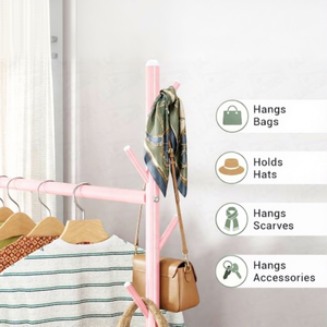Pink <b>Metal</b> Clothing <b>Rack</b> with Wheels Double Tier Storage <b>Shelf</b> for Living Room Modern Multifunctional Stand Type - Product Image 2