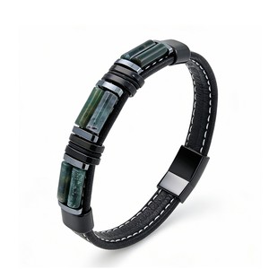 Bracciale da uomo in pelle nera autentica con pietre naturali geometriche di alta qualità, fatto a mano, per <span class=keywords><strong>coraggio</strong></span> e sollievo dallo stress. - Product Image 2