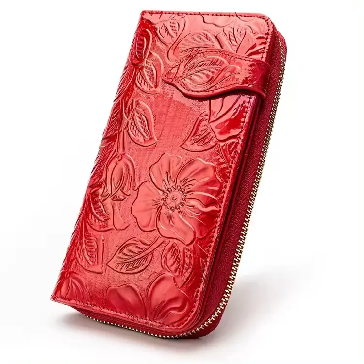 卸売女性革財布クラッチテレホンカードホルダー大容量ジップ財布ハンドバッグ花と葉のパターン