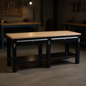 Banc de travail TLC 506, structure métallique robuste avec plateau en bois et étagères de rangement pour usage en atelier - Product Image 3