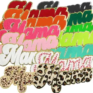 Custom New Hot Pink Big Size Iron On Chenille Embroidered Gold Edge Mama Love Be Mine Letter Patch For T-shirt Hoodies