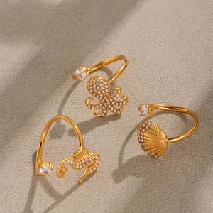 Anillos Finos Resistentes al Deslustre e Impermeables, Chapados en Oro PVD de 14k y 18k, Acero Inoxidable 316L, Anillos con Circonitas y Diseño de Criaturas Marinas para Mujer - Product Image 3