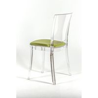 Chaise transparente Lucienne avec coussin en NUBUCK écologique vert mousse, rembourrée confortable, pour salon, modèle 15C2015