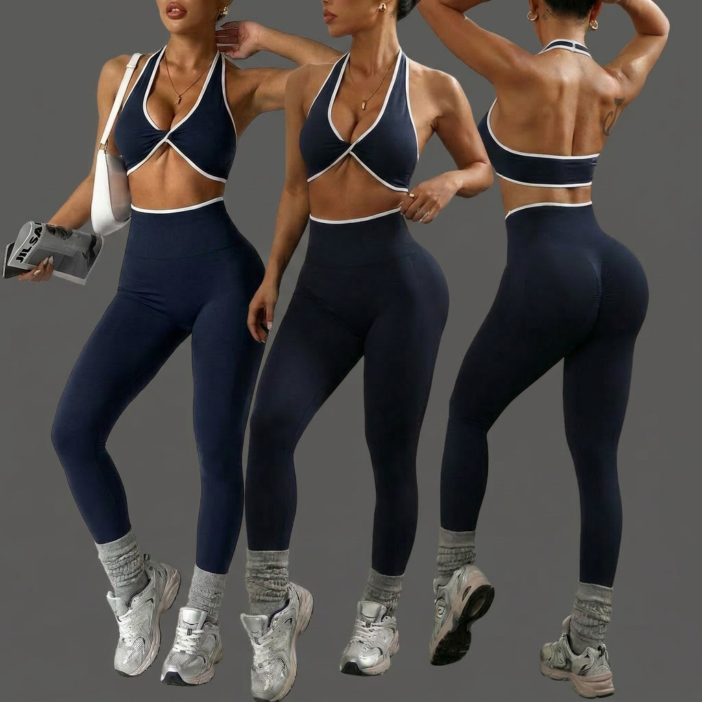 YNSEA OEM Custom Popular Color Block Knot V Neck Sexy Halter Bra Skinny High Waist Leggings Sporty Active Yoga Pilate Sets