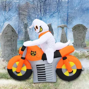 7FT Inflatable Halloween White Ghost On Motorcycle With LED Lights Outdoor Decorations For Party