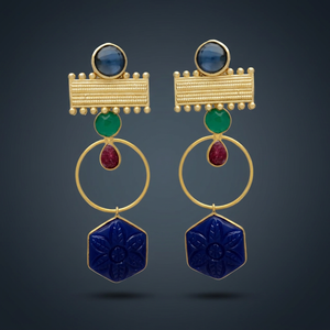 Pendientes Largos con Piedras Preciosas Multicolores, Pendientes Geométricos en Tono Dorado, Pendientes Étnicos Bohemios Hechos a Mano para Mujer, Pendientes Colgantes para Boda, Jaipur - Product Image 4