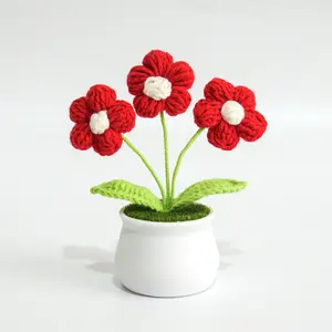 2024 wholesale crochet flower pots with Handmade Crocheted Small Flower Potted Plant Yarn Home Decoration Knitted Bouquet