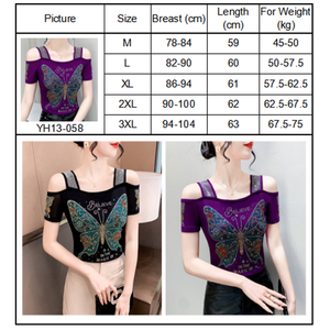 Luxury Diamond Breathable <strong>Mesh</strong> Women <strong>Tops</strong> Shinny <strong>Rhinestone</strong> Butterfly T Shirts in the Magic of Believe Out off Shoulder T-shirt - Product Image 6