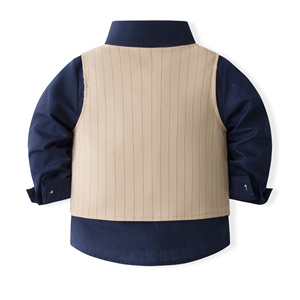 Catpapa Vente en gros Ensemble 4 pièces pour garçons : Chemise marine, <span class=keywords><strong>gilet</strong></span> rayé kaki, pantalon et nœud papillon – Tenue de cérémonie pour enfant - Product Image 4