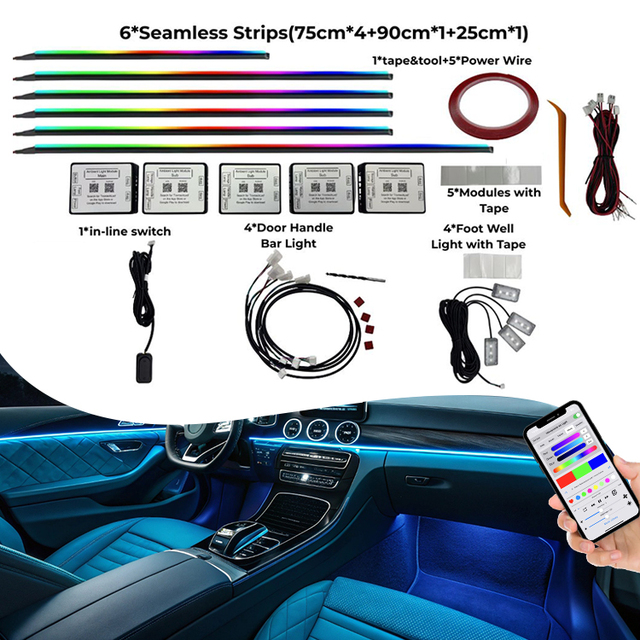 Trontech 18 in 1 Car Interior Ambient Lighting Kit App Controlled RGB Dreamcolor LED Strip Lights Universal Auto Atmosphere Lamp