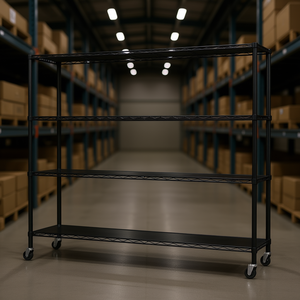 Adjustable 4 Tier Iron Wheeled Display Stand 150X45X169Cm Powder Coated <b>Black</b> Stacking Racks Shelves - Product Image 2