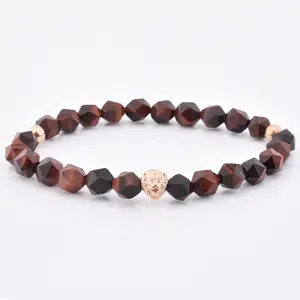 Hot Bán Tự Nhiên Tiger Eye Mặt Đá Thép Không Gỉ Bead Lion Head Rose Gold Vòng Đeo Tay