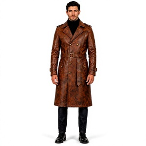 <b>Men's</b> <b>Brown</b> Leather Breathable <b>Trench</b> <b>Coat</b> with Belt Turn-down Collar Double Breasted Design Fashion Streetwear Custom OEM - Product Image 1