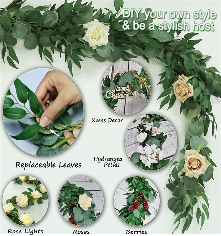 Artificial Silver Dollar Eucalyptus  Garland with Willow Leaves for Wedding Party Home Decoration