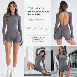 Tuta intera <span class=keywords><strong>da</strong></span> yoga sexy in nylon senza cuciture a maniche lunghe <span class=keywords><strong>da</strong></span> <span class=keywords><strong>donna</strong></span>, con schiena scoperta, effetto push-up, reggiseno integrato, per fitness e palestra - Product Image 2