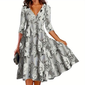 Vestido Largo Elegante de Verano para Mujer, Manga Siete Puntos, Cuello en V, Estilo Casual, Elegante, para Vacaciones, con Estampado Floral en <span class=keywords><strong>Blanco</strong></span> y Negro - Product Image 4