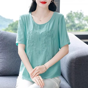 Purple Embroidered Short Sleeve Cotton <b>Linen</b> Blouse Loose Fit Women's <b>Top</b> Daily Wear Casual Style - Product Image 4