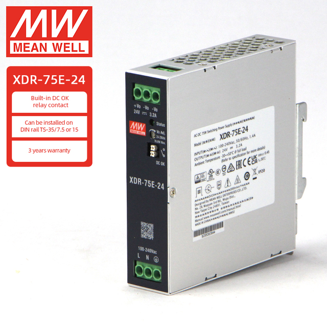 Mean Well XDR-75E-24 75W Ultra Thin DIN Rail 24VDC AC/DC Switching Power Supply