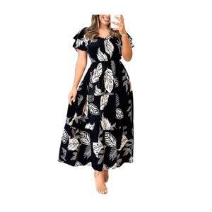 Vestido Maxi Casual con Cuello en V, Botones, Cintura Elástica y Dobladillo Empalmado para Mujer, Venta Directa - Product Image 1