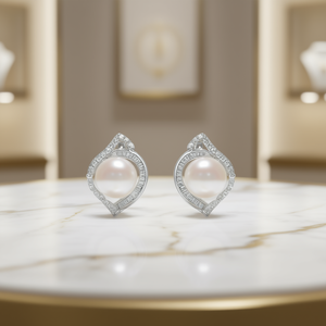 Boucles d'oreilles élégantes en argent 925 plaqué or blanc avec perle de culture Akoya AAA, design géométrique, pour femmes, bijoux de mariage - Product Image 2