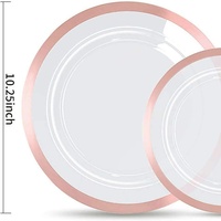 Assiettes jetables transparentes dorées BST en PS de qualité alimentaire, style moderne, 7,5 et 10,25 pouces, avec bordure argentée, pour mariage