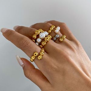 Juego de Anillos de Perlas Yueli, Imitación de Oro y Plata, Forma Geométrica de Bola, Joyería Unisex, Regalo - Product Image 3