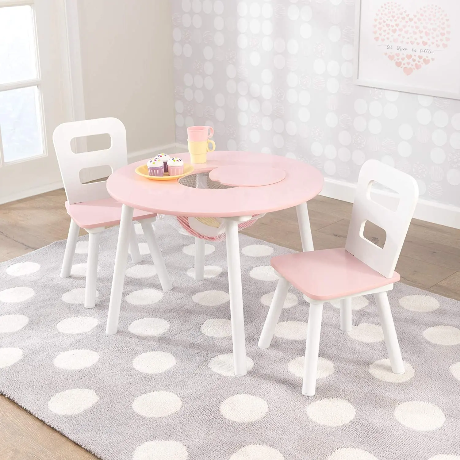 Wholesale ECO Cheap White Pink Wood Round Toddler Child Play Activity Kid Furniture Table and 2 Chair Set with storage mesh bag