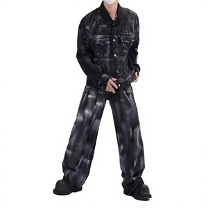 Men <b>Tie</b> <b>Dye</b> Denim Jacket And Wide Leg Pants <b>Set</b> Loose Fit Streetwear Autumn Cotton Full Length Button Up Collar - Product Image 3