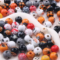 Perles rondes en bois colorées d'Halloween de 16 mm, motif araignée, léopard, visage de fantôme