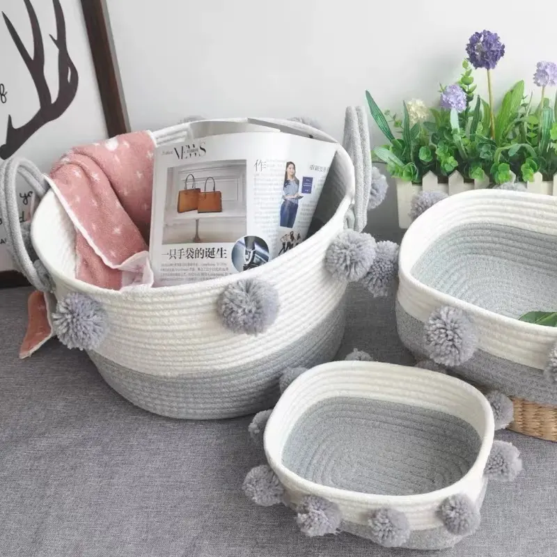 Wholesale Foldable Extra Large Woven Cotton Rope Toy Storage Laundry Basket Set Hamper With Handle
