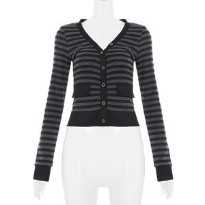 Y2K vintage stripe contrast color V neck faux <b>pocket</b> cinched waist long sleeve button <b>cardigan</b> sexy pure desire versatile slim t - Product Image 6