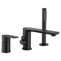 Robinet de baignoire thermostatique moderne en laiton chromé poli, à cascade large et plate, avec douchette à main 3 trous, levier à ailettes, douchette à main fine pour montage sur pont