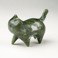 Décoration Feng Shui TGS GEMS : Totem Chat Sculpté à la Main, Pierre Précieuse en Néphrite Naturelle Polie et Lisse, Couleur Verte