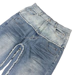 TOPSHOW DENIM Jeans en coton à jambe droite, denim délavé mélangé avec des bords bruts, patchwork délavé, pantalon en denim à double taille pour homme - Product Image 3