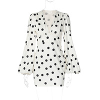 Robe mini blanche à col en V profond, à pois, froncée, à manches longues, taille haute, pour femme, idéale pour les fêtes, le streetwear et les tenues décontractées, imprimée